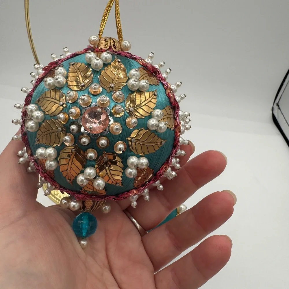 Vintage Teal Satin Beaded Christmas Ornaments Faux Pearl Gold Leaf Set of 2